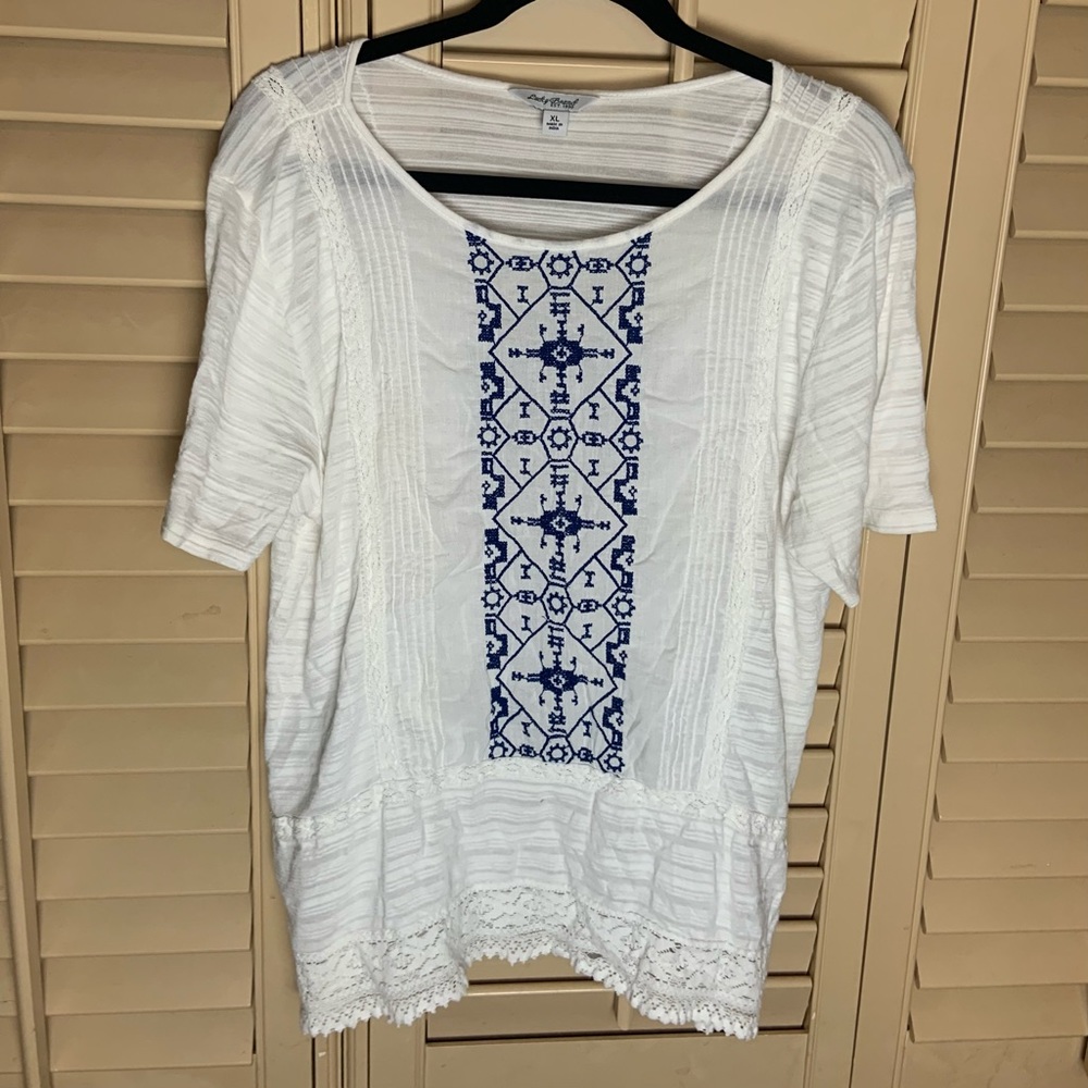 Lucky Brand Blue/White Embroidered Sheer Lightweight Lace Shirt